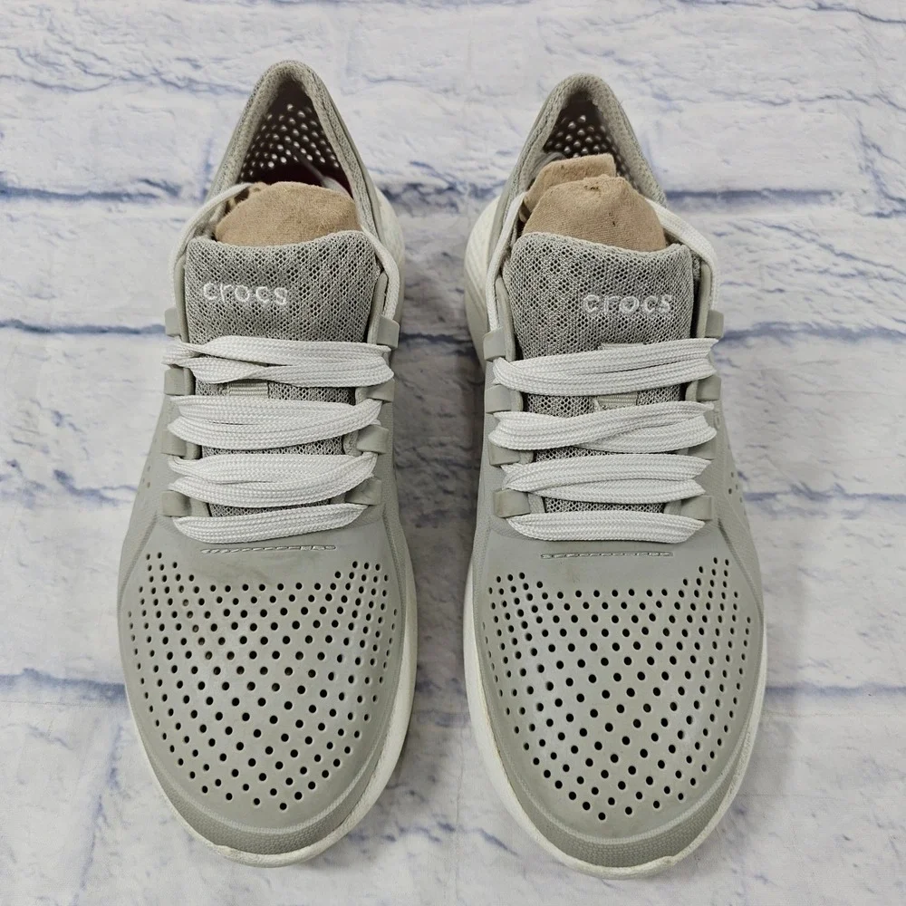 Crocs LiteRide Pacer Sneakers Womens 8 Light Gray White Breathable Lace Up Shoes